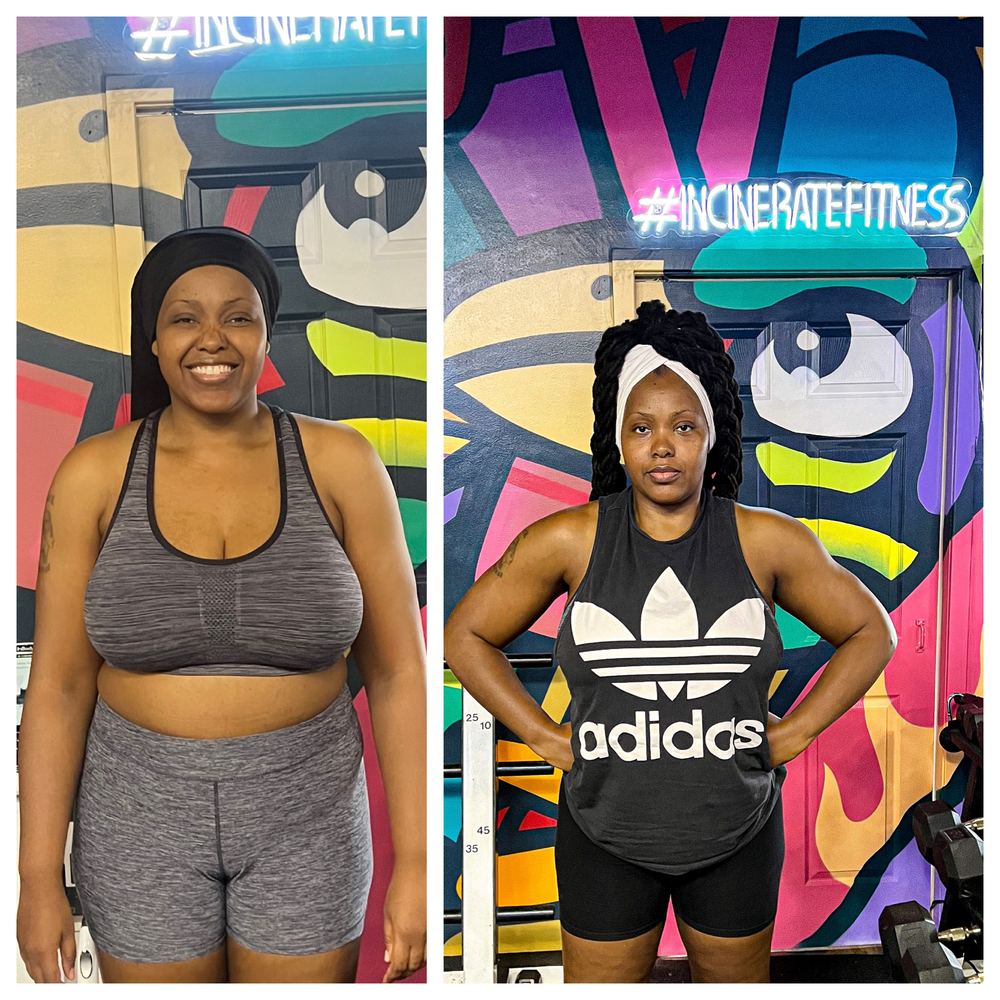 Before and after transformation of an Incinerate client: fat loss and strength